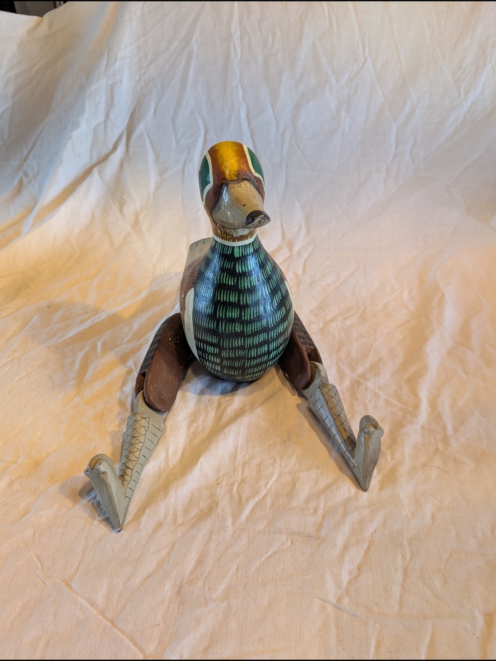 2/20$ Vintage Green and Brown Hand-Painted Articulated Wooden Duck Figurine